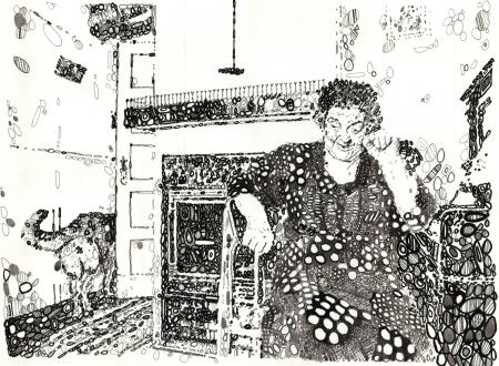 Interior with old woman, Piano, fireplace and a dog.