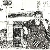 Interior with old woman, Piano, fireplace and a dog.