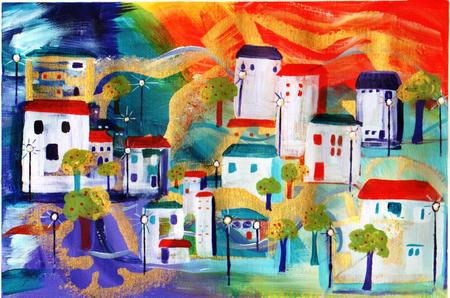 Mediterranean village with streetlamps