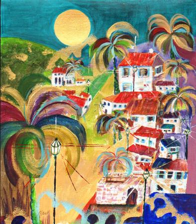 Palm trees and streetlamps in a Spanishvillage