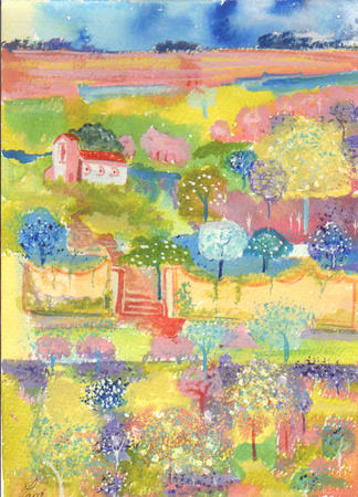 Summer meadow and house within walled garden