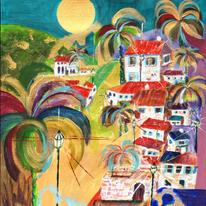Palm trees and streetlamps in a Spanishvillage