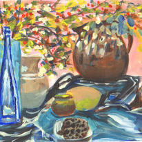 Autumn leaves and blue bottles