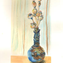 poppy seed cases in a blue vase