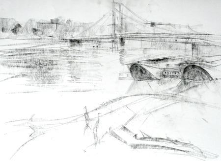 Herons, barges, Albert Bridge, London
