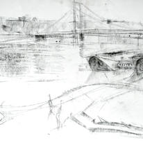 Herons, barges, Albert Bridge, London