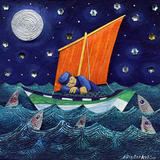 The Sleepy Fisherman - Card, canvas, string, acrylic, paint, enamels, sequins, pencil