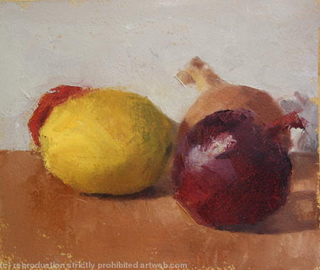 Still Life with Onions, a Lemon and a Tomato