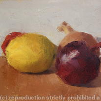 Still Life with Onions, a Lemon and a Tomato