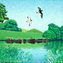 Oystercatchers over High Slakes Lake 