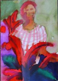 woman with red flowers