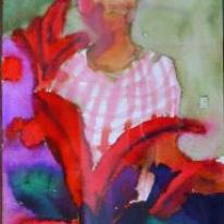 woman with red flowers
