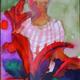 woman with red flowers