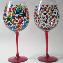 Hand Painted Wine Glass Pair in Heart and Star Design