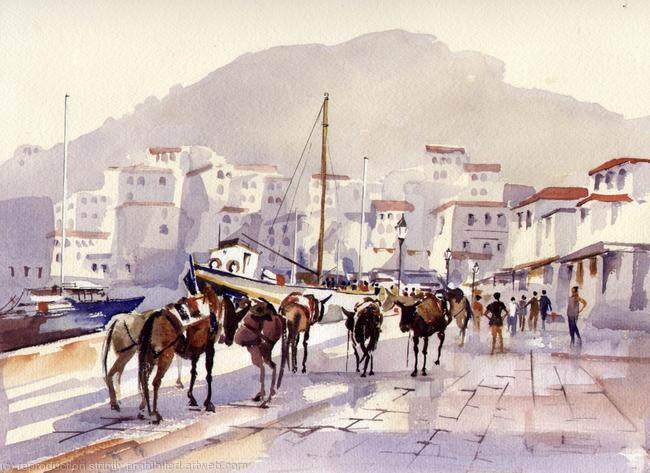 HYDRA MULES watercolour on Arches Aquarelle 51x41cm