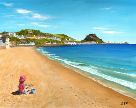 Playing in the sand at Grouville Bay, Jersey