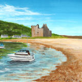 Boats by Lochranza Castle, Arran - Acrylic on paper, Mounted