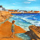 Boy by the Rocks, Elie | £180 | 21 x 30cm | Acrylic on paper, mounted Boy by the Rocks, Elie
