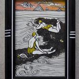 inbetween-2-oceans - paper cuts, vulcanic sand, ink, pencils, varnish on frame