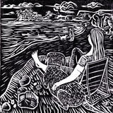 At Nightcliff with my dogs - linocut