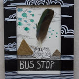 earlier at the bus stop - paper cuts, ink, pencil, coconut skin, feather, varnish on frame