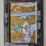pink-birds-, pink-sky - cut out paper, inks, pencil, varnish on frame