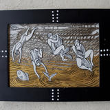 fish-hunters - cut out paper, inks, coconut skin, varnish on frame