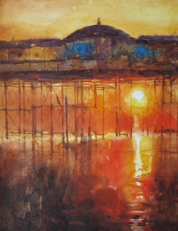 Pier, red sun