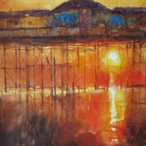 Pier, red sun