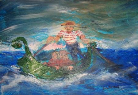 Gondolier struggling with waves