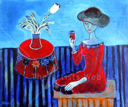 Red table, lady in red