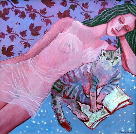 Purple nude, a book, a cat