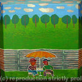 Two men under umbrella. Garden drink. - Acrylic on canvas