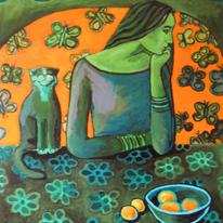 Green girl and a cat