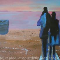 Couple at the seaside, sunset, boat