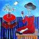 Red table, lady in red