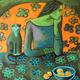 Green girl and a cat