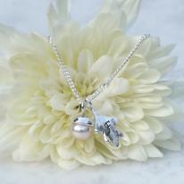 Gold Collection- 9ct White Gold and Pink Fresh Water Pearl Acorn and Oak Leaf Necklace £275