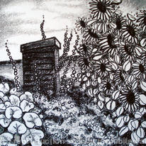sunflowers and hollyhocks