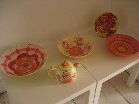  fifties pink, bloomsbury yellow with teapot, seventues swirl and sunburst two