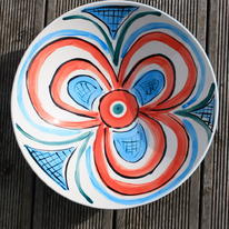 red swirl on blue large bowl