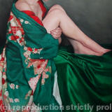 Seated in green Furisode kimono - Oil on linen