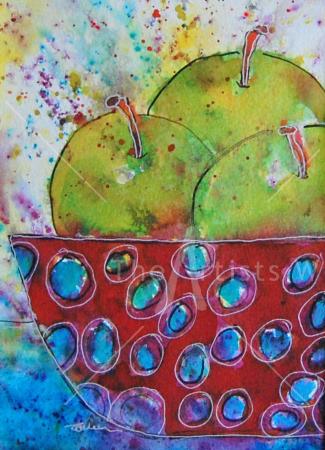 Green Apples in a Red and Blue Spotted Bowl