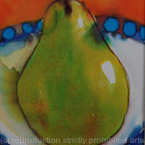 Green pear on a blue rimmed plate