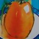 Orange on a blue rimmed…
