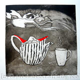 zambeezi teapot and monster - Etching and watercolour