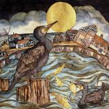 time to stare at golden moon walberswick - handmade print with watercolour