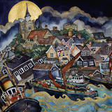 old timbers creak as moon rose high,golden light on rolling waves,Maldon Quay - mixed media painting