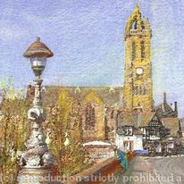 PEEBLES - View along bridge to Parish Church and Bridge Inn