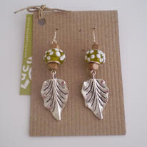 Silver Leaf Green Bead Earrings